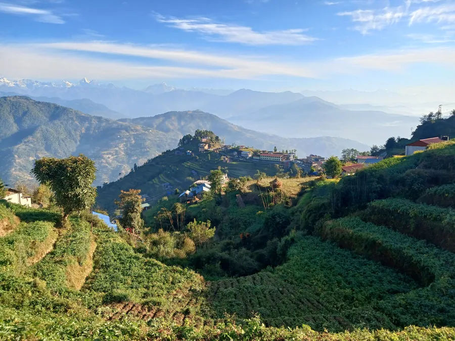 Terraced hill village in the Nepal Himalaya foothills, with snow-capped peaks on the horizon